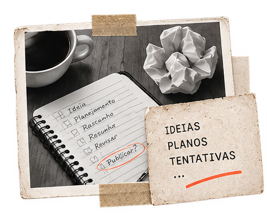 Caderno de ideias, planos e tentativas ao lado de papéis amassados.
