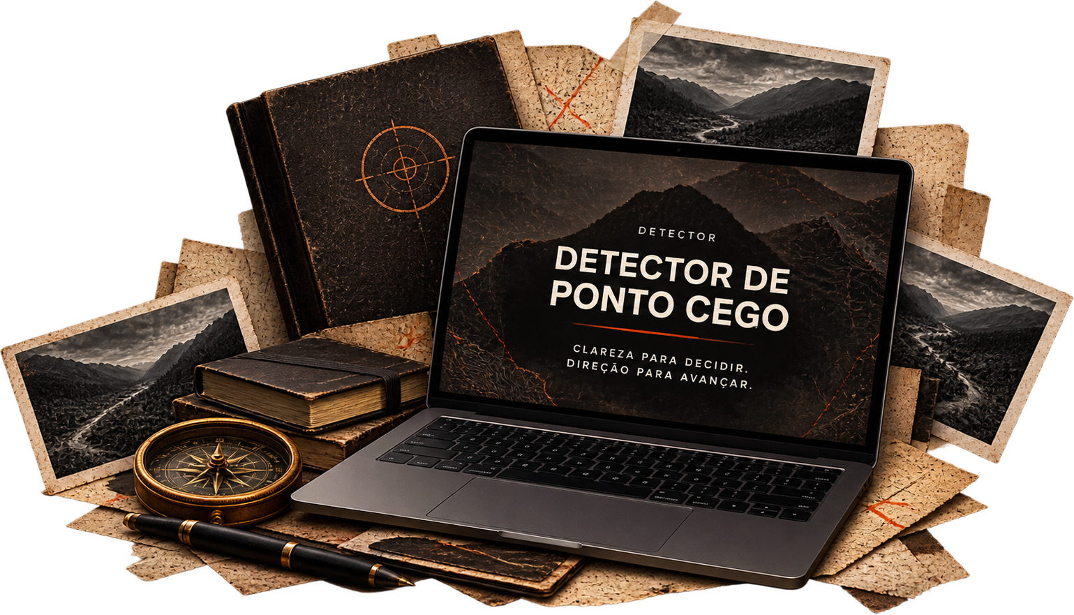 Laptop com o Detector de Pontos Cegos aberto, entre mapas, fotografias, cadernos e uma bússola.